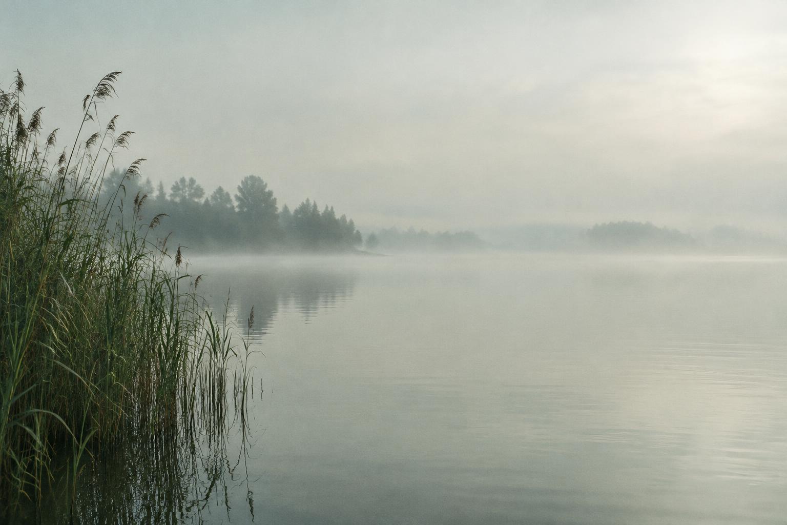 Spokojne jezioro otulone poranną mgłą
